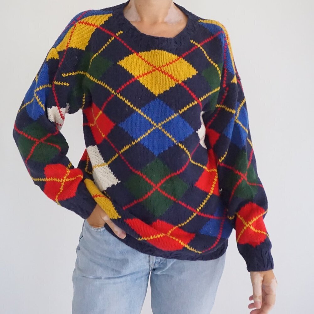 Field Gear Navy Multicolor Argyle Knit Preppy Cotton Blend Collegiate Sweater M